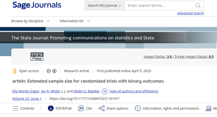 A screenshot of the artbin publication in the Stata Journal titled artbin: Extended sample size for randomized trials with binary outcomes.